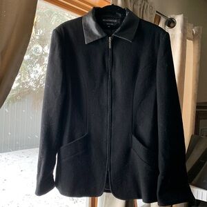 Vintage Braebrook 100% Wool Black Coat | Faux Leather Trim | Sz 10